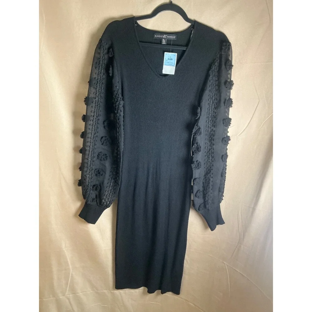 Almost Famous Ribbed Knit Dress Womens XL Black New Sheer 3D Pom Balloon Sleeve